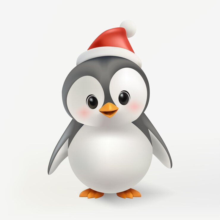 Vector un personaje de pingüino lindo en 3d con un sombrero rojo de navidad de pie en aislamiento