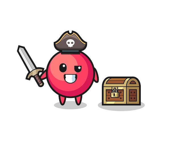 El personaje pirata de arándano con espada al lado de una caja del tesoro, diseño de estilo lindo para camiseta, pegatina, elemento de logotipo