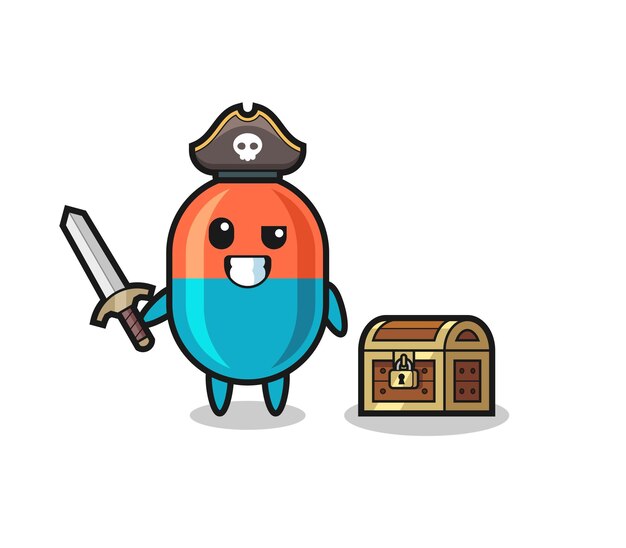 El personaje pirata de la cápsula sosteniendo la espada al lado de una caja del tesoro, diseño de estilo lindo para camiseta, pegatina, elemento de logotipo