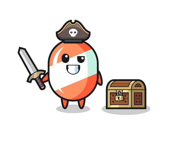 El personaje pirata de caramelo sosteniendo la espada al lado de una caja del tesoro, diseño de estilo lindo para camiseta, pegatina, elemento de logotipo