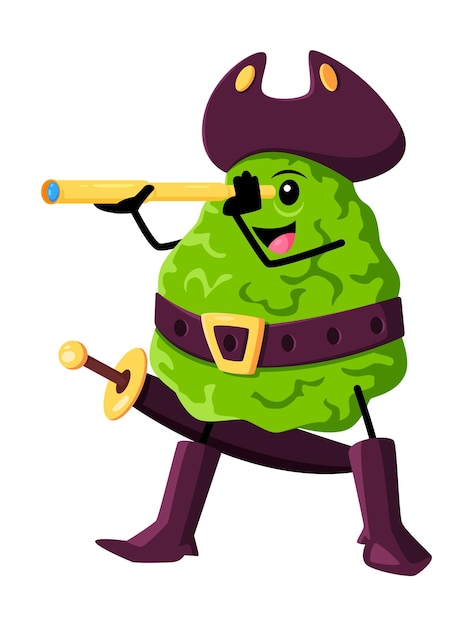 Personaje pirata de dibujos animados de bergamota con catalejo Cítrico vectorial aislado con un sabor ácido y aromático Personaje audaz y aventurero en busca de tesoros con un catalejo de confianza en la mano