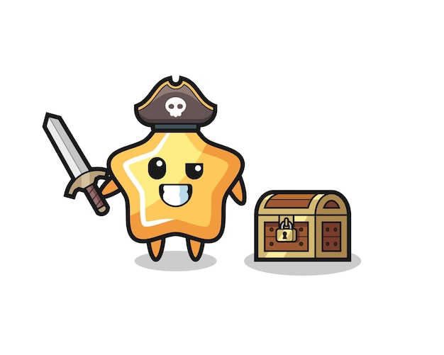 El personaje pirata estrella sosteniendo la espada al lado de una caja del tesoro, diseño de estilo lindo para camiseta, pegatina, elemento de logotipo