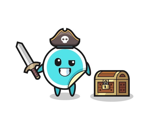 El personaje pirata de la etiqueta engomada sosteniendo la espada al lado de una caja del tesoro, diseño de estilo lindo para camiseta, etiqueta engomada, elemento de logotipo