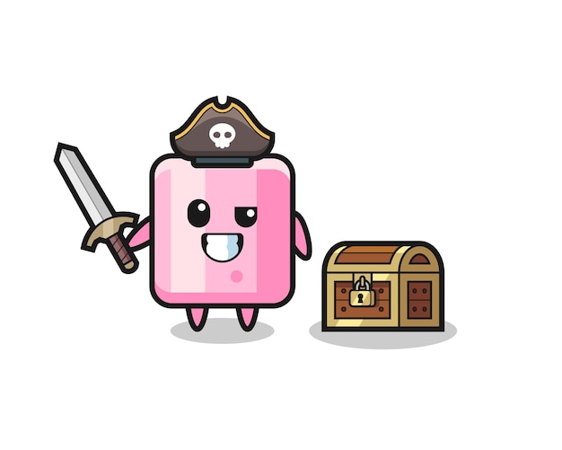 El personaje pirata de malvavisco sosteniendo la espada al lado de una caja del tesoro, diseño de estilo lindo para camiseta, pegatina, elemento de logotipo