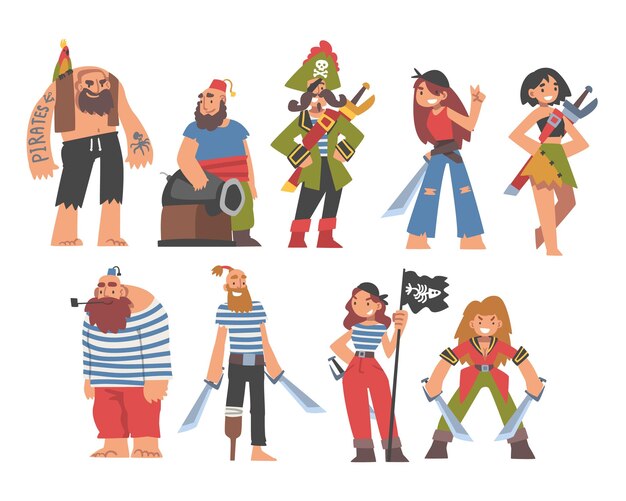 Personaje de pirata o bucanero con sable y chaleco a rayas como conjunto vectorial de ladrones marinos