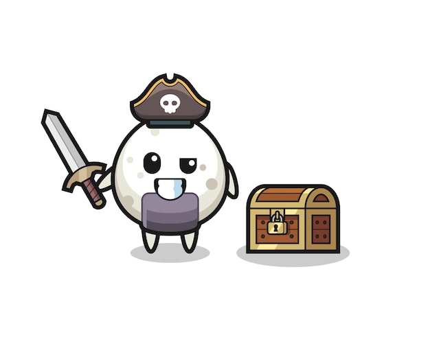 El personaje pirata onigiri sosteniendo la espada al lado de una caja del tesoro, diseño de estilo lindo para camiseta, pegatina, elemento de logotipo