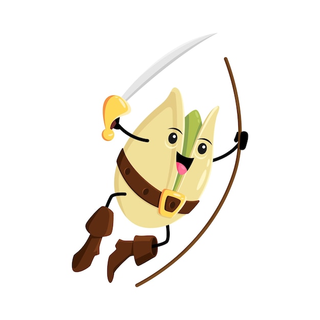 Personaje pirata de pistacho de dibujos animados con sable montando una cuerda lista para la aventura en alta mar Vector aislado valiente saludable proteína snack pirata personaje embarque o barco de ataque