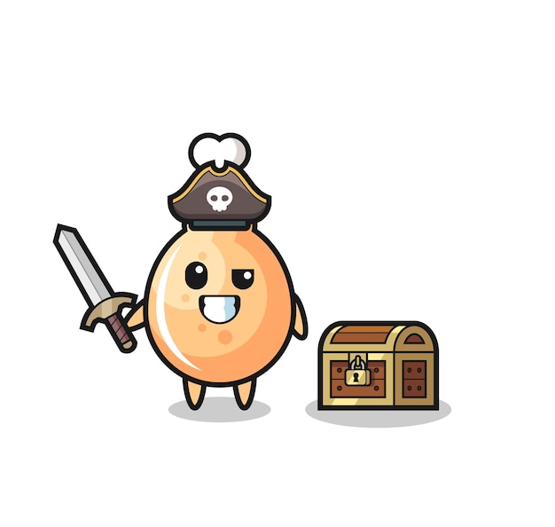 El personaje pirata de pollo frito sosteniendo la espada al lado de una caja del tesoro, diseño de estilo lindo para camiseta, pegatina, elemento de logotipo