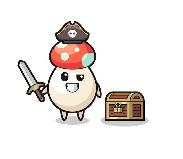 El personaje pirata de setas sosteniendo la espada al lado de una caja del tesoro, diseño de estilo lindo para camiseta, pegatina, elemento de logotipo