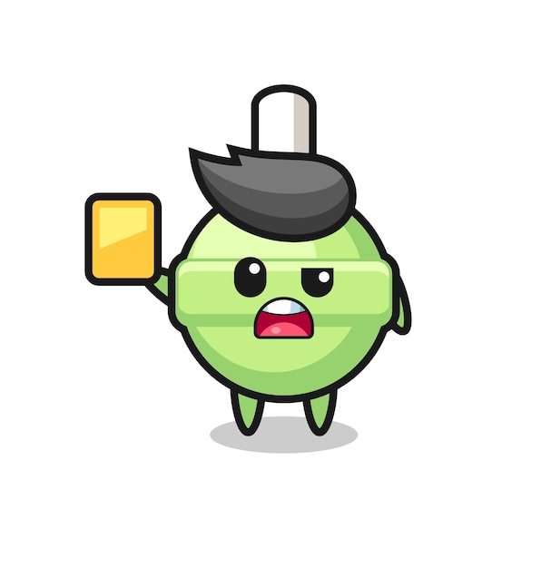 Personaje de piruleta de dibujos animados como árbitro de fútbol dando una tarjeta amarilla