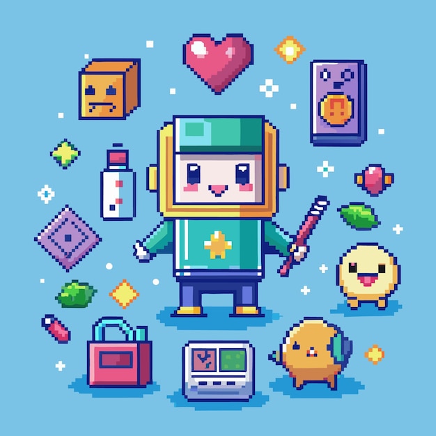 Personaje de pixel art con un corazón, estrellas y otros objetos de pixel