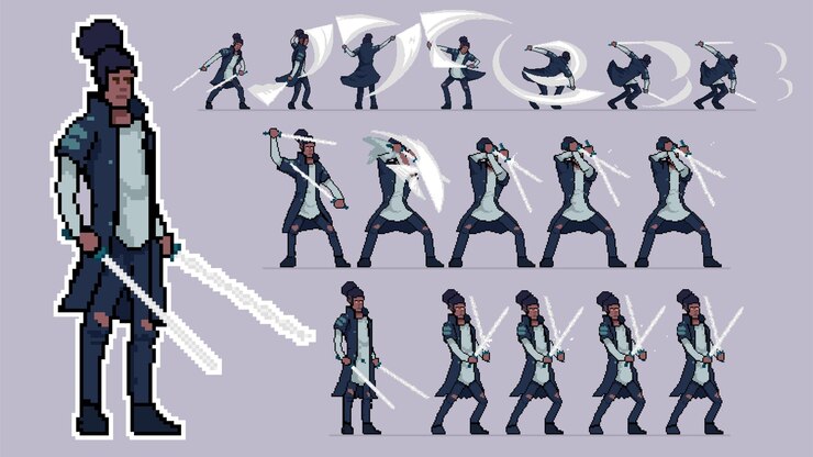 Vector personaje pixelart animación hoja de sprites listo para usar caminar correr ciclo golpear espada chico negro con una capa