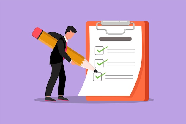 Personaje plano dibujo activo hombre de negocios de pie y marca lista de verificación con lápiz enorme Persona finalización tarea comercial Meta logros planificación programación concepto Dibujos animados diseño vector ilustración