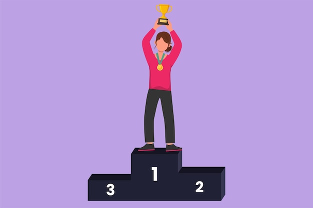 Personaje plano dibujo feliz atleta femenina vistiendo camiseta deportiva levantando trofeo de oro con ambas manos en el podio Celebrando la victoria del campeonato internacional Diseño de dibujos animados ilustración vectorial