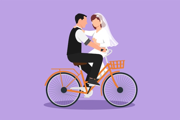 Personaje plano dibujo feliz casado hombre y mujer montando bicicleta cara a cara en el día de la boda Linda pareja romántica está montando bicicleta juntos Feliz pareja en bicicleta Diseño de dibujos animados vector ilustración