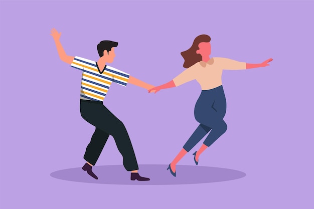 Personaje plano dibujo gente feliz bailando salsa atractivo hombre y mujer en baile par de bailarines con vals tango y movimiento de estilo salsa pareja bailando juntos diseño de dibujos animados vector ilustración