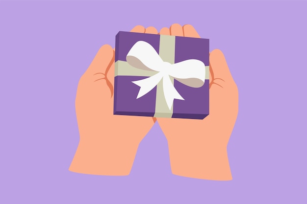 Personaje plano dibujo hombre manos sosteniendo caja de regalo kraft atada con cinta blanca Vista superior concepto de vacaciones Tarjetas de felicitación de cumpleaños diseño logotipo icono etiqueta símbolo Diseño de dibujos animados vector ilustración