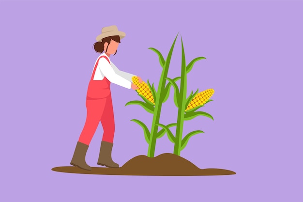 Personaje plano dibujo joven agricultora recogiendo el maíz en el árbol Agricultor profesional Desafío agrícola Verduras naturales cosecha actividad agrícola Diseño de dibujos animados ilustración vectorial