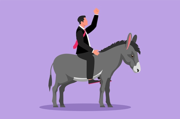 Vector personaje plano dibujo joven empresario montando un burro hombre de negocios monta burro conducir burro concepto de logro de meta lenta metáfora de negocios o competencia ilustración de vector de diseño de dibujos animados