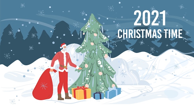 Personaje plano de dibujos animados Santa Claus al aire libre con bolsa roja