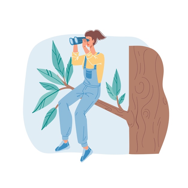 personaje plano de dibujos animados sentado en la rama de un árbol mirando a lo lejos con binoculares
