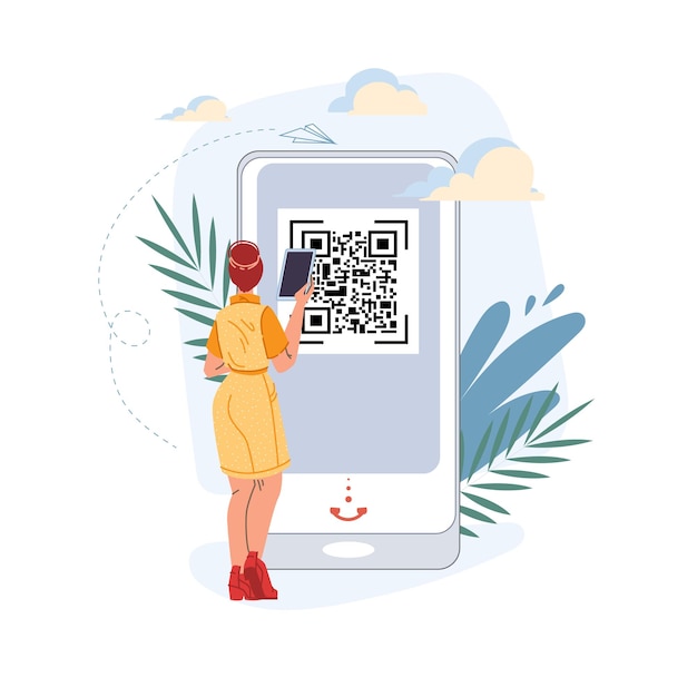 Personaje plano de dibujos animados de vector usando tableta de teléfono inteligente móvil con pantalla en blanco vacía escaneando código QR - compras en línea, redes sociales, concepto de navegación por Internet para el diseño de sitios web en línea