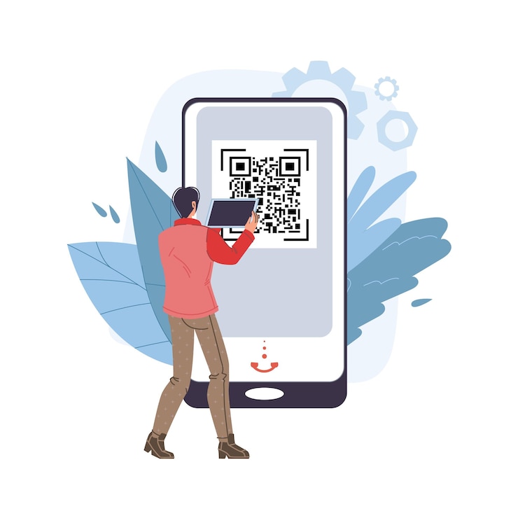 Vector personaje plano de dibujos animados de vector usando tableta de teléfono inteligente móvil con pantalla en blanco vacía escaneando código qr - compras en línea, redes sociales, concepto de navegación por internet para el diseño de sitios web en línea