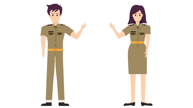 personaje plano de oficial del gobierno tailandés con traje uniforme oficial explicando la postura