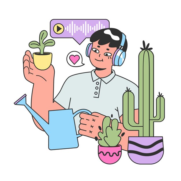 Un personaje de podcast escuchando un podcast de audio o un programa de audio en línea mientras hace una entrevista de radio de hobby o