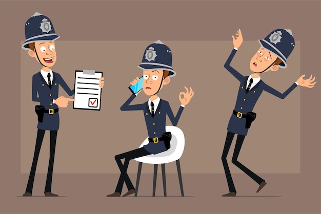 Personaje de policía británico plano divertido de dibujos animados con sombrero de casco azul y uniforme. Chico mostrando para hacer lista de tabletas y hablando por teléfono.