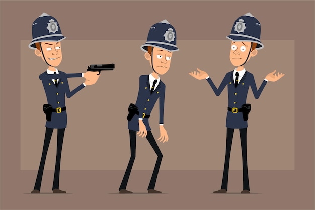 Personaje de policía británico plano divertido de dibujos animados con sombrero de casco azul y uniforme. niño cansado y disparando con pistola.