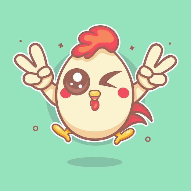Vector personaje de pollo alegre mascota con signo de paz gesto de la mano dibujos animados aislados