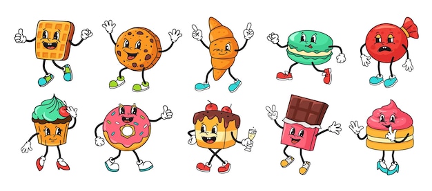 Personaje de postre retro dulces de dibujos animados mascotas sonrientes galleta juguetona waffle croissant y sabroso macarrón dulce pastel divertido barra de chocolate donut y conjunto vectorial de caña de goma de pastel