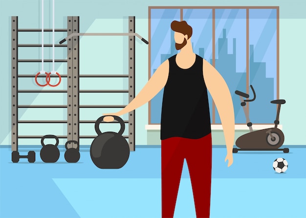 Vector personaje practicando ejercicios con mancuernas en el gimnasio