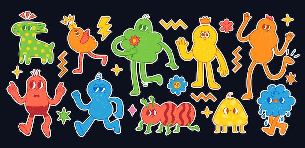 Personaje psicodélico abstracto Adhesivo de dibujos animados forma surrealista y elemento lindo Personajes extravagantes, extraños, extraños y peculiares con emociones positivas Estilo cómico retro Doodle Vector de formas de fantasía ingenuas