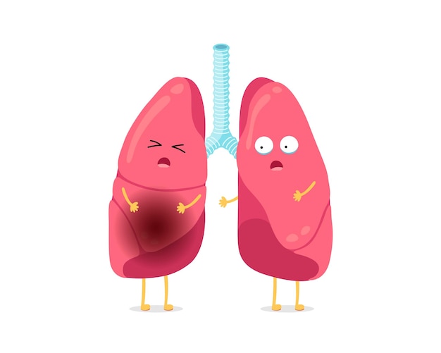 Personaje de pulmones de enfermedad insalubre divertida de dibujos animados lindo que sufre mascota de pulmón enfermo con neumonía humana
