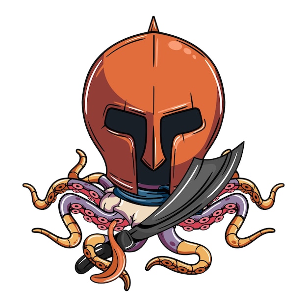 Vector personaje de pulpo cyborg de dibujos animados con casco de gladiador medieval y espada pirata