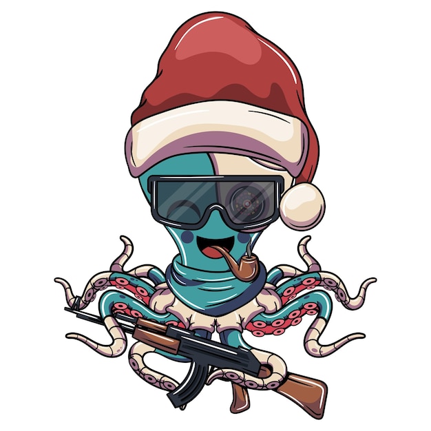 Vector personaje de pulpo cyborg de dibujos animados con sombrero de santa claus de navidad con pipa de gafas y una escopeta