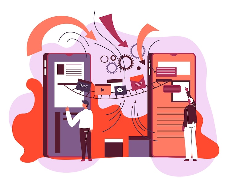 Vector personaje que interactúa con los medios y los dispositivos modernos. tecnologías y computadoras, teléfonos inteligentes y flechas que muestran la conexión en el sistema. aplicación sobre celular para personajes. vector en estilo plano