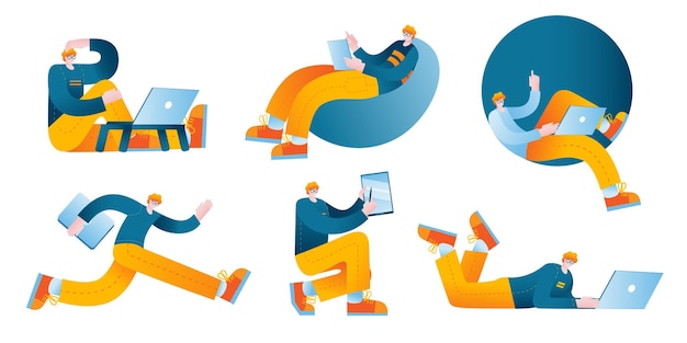 Un personaje que trabaja en una computadora o tableta en varias poses.