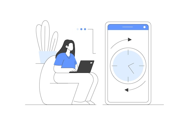 Personaje que trabaja en puestos de trabajo a tiempo parcial y a tiempo completo o como autónomo en el hogar Trabajo híbrido flexible