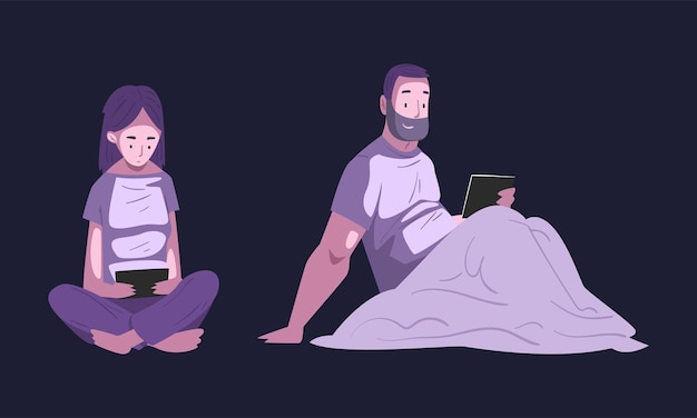 Personaje que usa un gadget digital por la noche sentado en la cama bajo una manta Conjunto vectorial