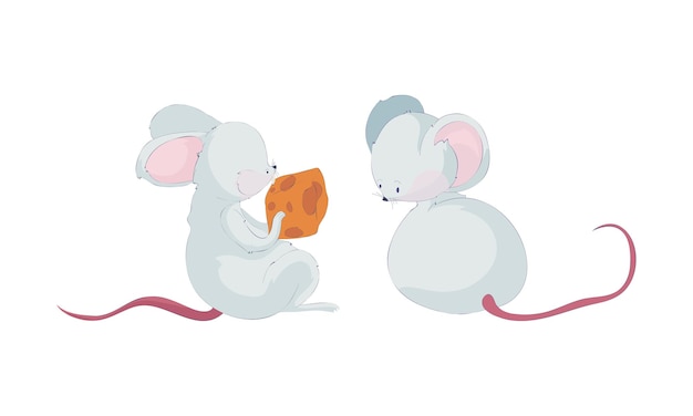 Personaje de ratón de dibujos animados con cola rosa larga sosteniendo una losa de queso y un conjunto vectorial sentado