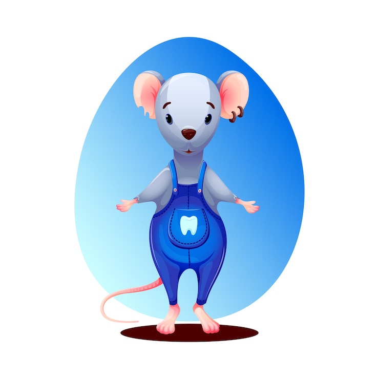 Vector el personaje del ratón el hada del diente en un mono azul con un bolsillo para los dientes de leche de bebé