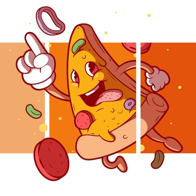 Vector personaje de rebanada de pizza fresca con una ilustración de vector de efecto 3d. divertido, comida, concepto de diseño de marca.