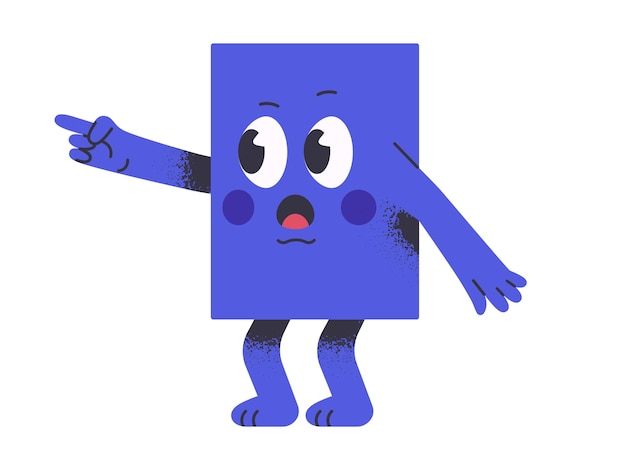 Vector personaje rectangular mascota cómica divertida forma de rectángulo azul geométrico con confusión emoción ilustración vectorial plana mascota rectangular linda con cara divertida