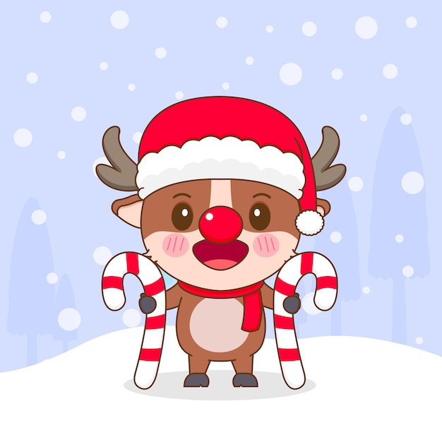 Personaje de reno lindo estilo de dibujos animados con dulces navideños
