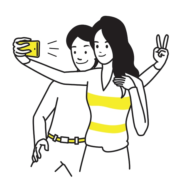 Personaje de retrato de hombre y mujer joven, sosteniendo smartphone, haciendo foto selfie con sonrisa y felicidad.