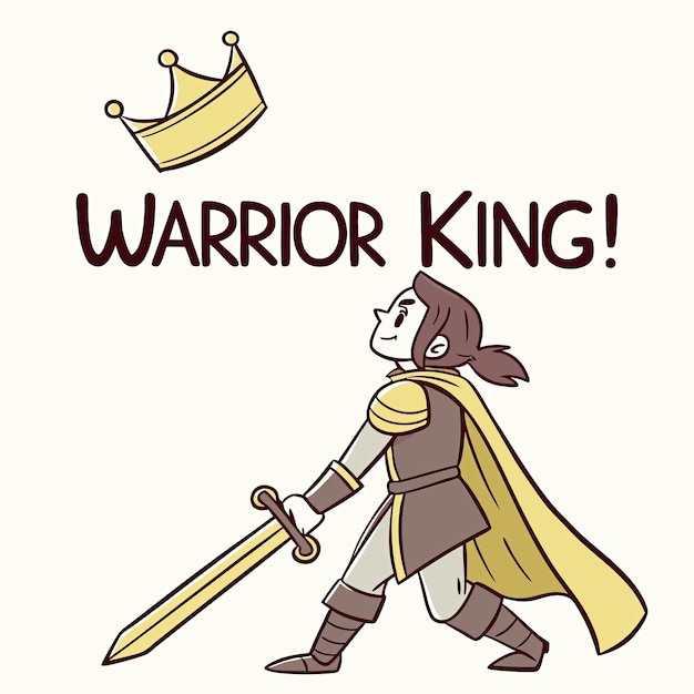 El personaje del rey guerrero de dibujos animados con corona y espada en un estilo vibrante y lúdico