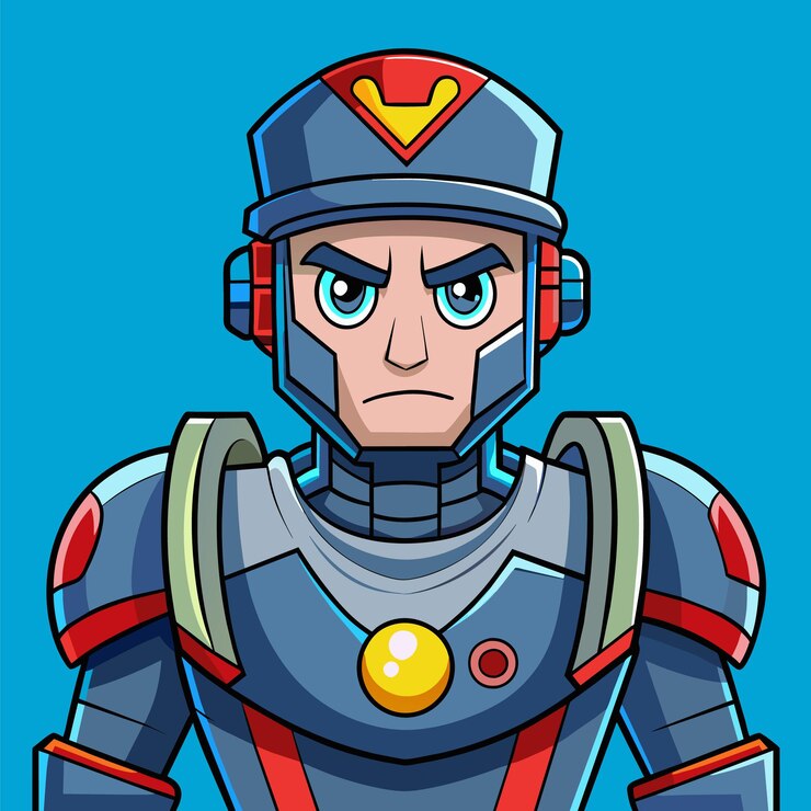 Vector un personaje robótico se encuentra con confianza mostrando un traje metálico adornado con acentos rojos y amarillos en un telón de fondo azul vivo